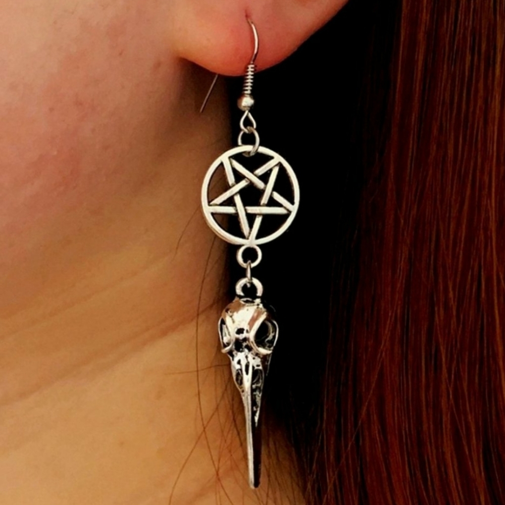 Gothic Silver Bird Skull Earrings
